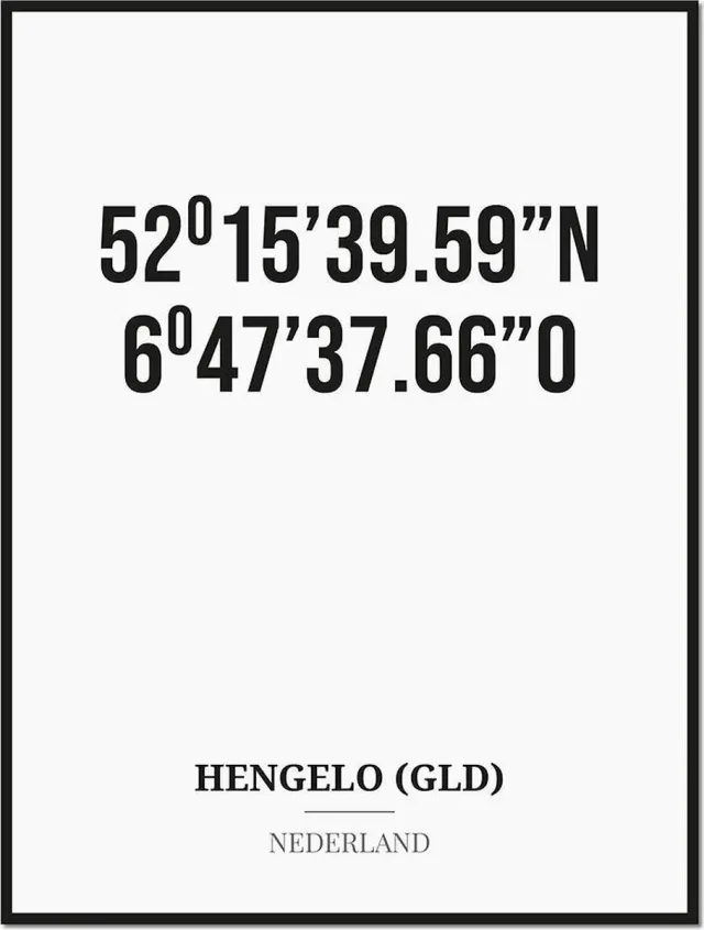 Studio216 Poster/kaart HENGELO (GLD) met coördinaten zwart, wit