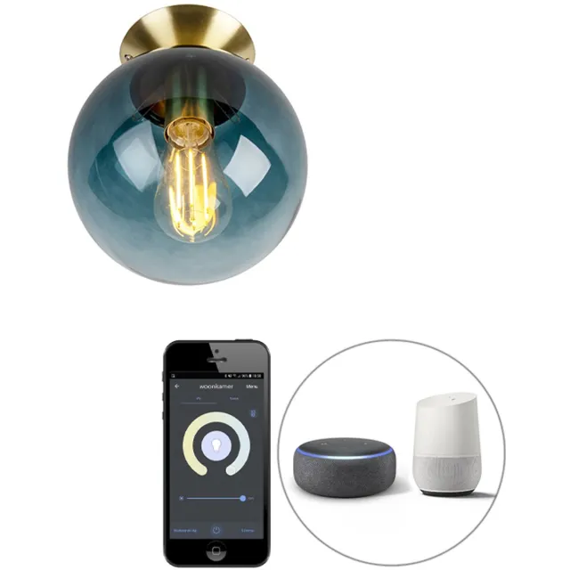 QAZQA pallon - Art Deco Dimbare LED Smart Plafondlamp incl. wifi met Dimmer - 1 lichts - Ø 20 cm - Blauw - Woonkamer | Slaapkamer | Keuken Blauw Smart LED