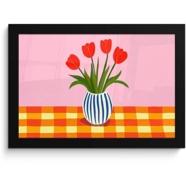 FrameYourWall Poster in lijst - Fotolijst 30x20 cm - Posters - Tulpen - Roze - Vaas - Posterlijst zwart - Decoratie - Wanddecoratie woonkamer - Muurdecoratie slaapkamer