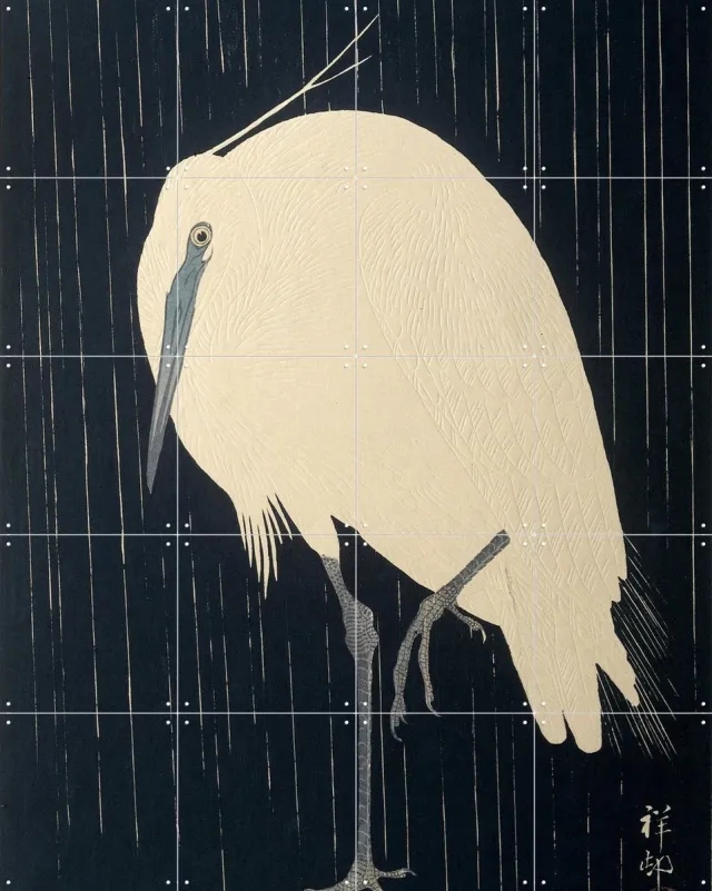 IXXI Zilverreiger in de regen, Ohara Koson & Rijksmuseum - 80 x 100 cm - Grote wanddecoratie en posters - Klassiek, Houtsnede, Ukiyo-e, Slaapkamer Wit / Donkere tinten