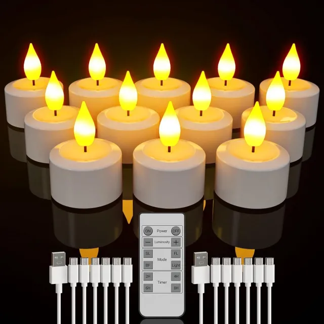 Famanu Oplaadbare theelichtjes met afstandsbediening, 12 stuks batterij vlamloze theelichtjes met timer en USB-C oplaadkabels voor thuis, kamer, tafel, Halloween, kerstversieringen wit