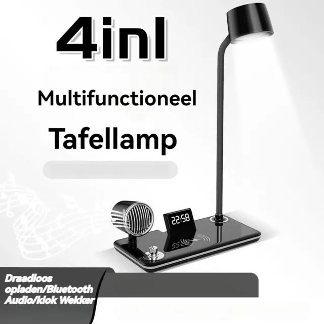 Haley family Bureaulamp-Bureaulamp led- Leeslamp -Elektronische klok- Oplaadbaar（Telefoon&ipad） - Dimbaar -Timer - Opvouwbaar - Smart Touch – Wireless Charger -Zwart