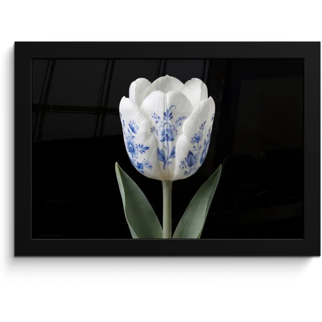 FrameYourWall Poster in lijst - Fotolijst 30x20 cm - Posters - Tulp - Patroon - Blauw - Posterlijst zwart - Decoratie - Wanddecoratie woonkamer - Muurdecoratie slaapkamer