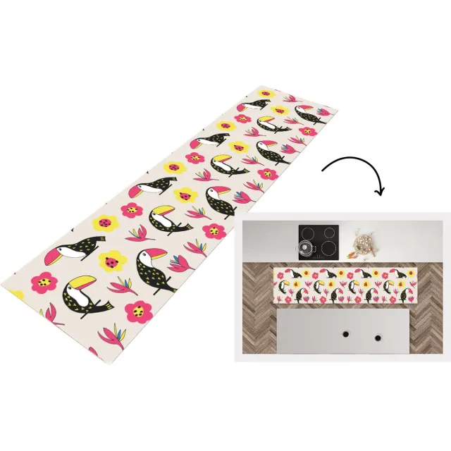 KitchenYeah Keukenloper - Loper keuken - Patronen - Vogel - Bloemen - 200x50 cm - Keukenloper vinyl Multicolor