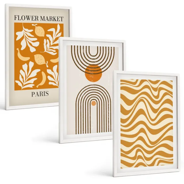 Coloray 3-Delige Schilderij Set - Modeposters Met Bloemen- En Geometrische Patronen - 40 x 60 - Decoratieve Muurdecoratie - Slaapkamer Witte lijst