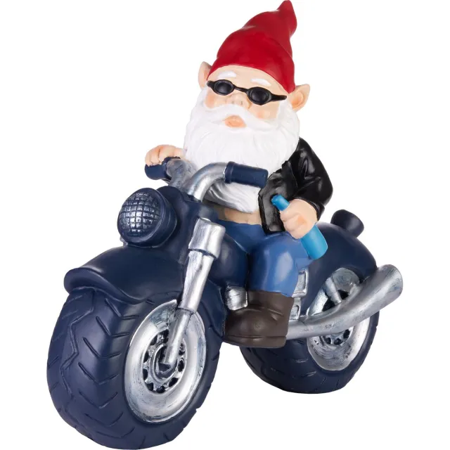 Brubaker Motorfiets Tuinkabouter Zwart - Kabouter Motorrijder - Biker met Bierfles - Grappig Rocker Tuinbeeldje - Weerbestendige Decoratie voor Tuin Camping en Buiten - 28 cm