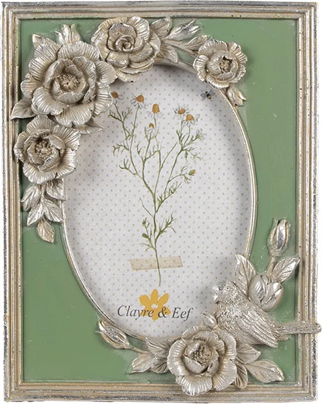 Clayre & Eef Fotolijst 10x15 cm Zilverkleurig Polyresin Bloemen Wit