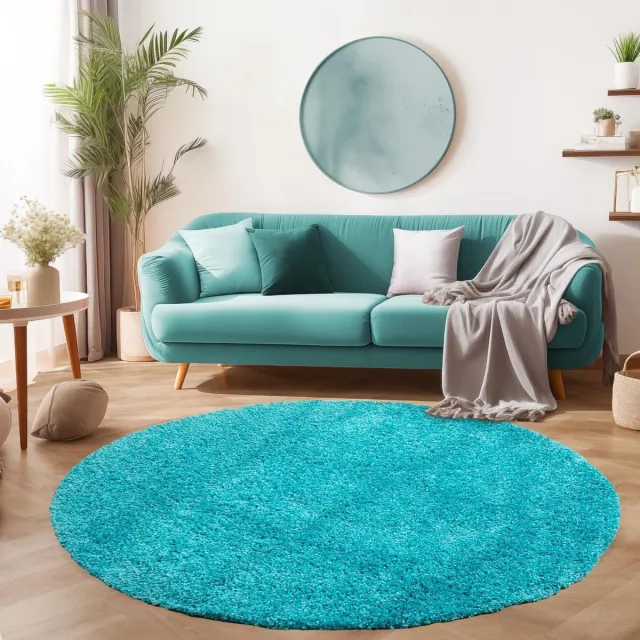 Muratap Basic Rond Shaggy vloerkleed Turquoise Hoogpolig- 120 CM Ø