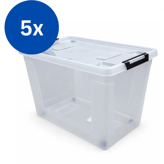 HL Agenturen HL - Opbergbox met deksel - 60 Liter - Set van 5 stuks - Opbergdoos met wieltjes - Stapelbaar - Kunststof - Transparant