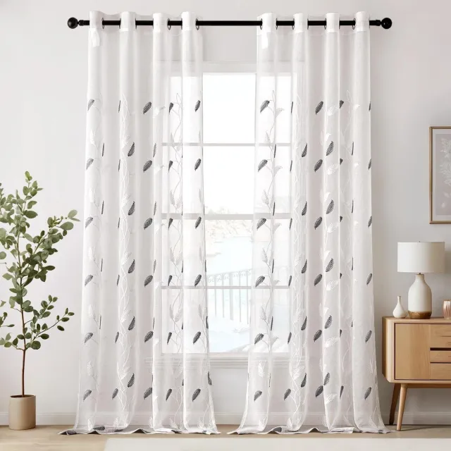 Allecto Plus Vitrages voile gordijn met bladerpatroon en ringen - Set van 2 - Modern design - Voor woon- en slaapkamer - 225 x 140 cm - Transparant. Any