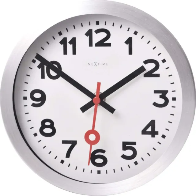 NeXtime Station – Wandklok/Tafelklok – 19 cm – Geborsteld Aluminium – Wit