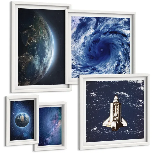 Coloray 5-Delige Schilderij Set - Ruimtelandschappen: Uitzichten Op De Aarde En De Ruimte. - 50 x 50 cm, 20 x 30 cm En 40 x 60 cm - Decoratieve Schilderijen - Wanddecoratie - Hal - Woonkamer Decoratie Witte lijst