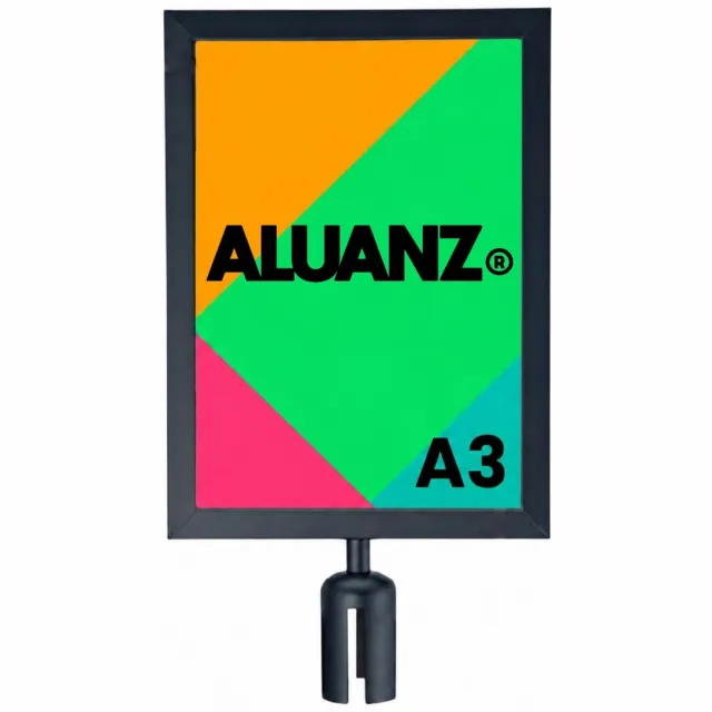 Aluanz A3 Posterframe Portret / Staand voor Afzetpaal met Uittreklint | Infobord / Insteekframe | Zwart Staal | Plexiglas