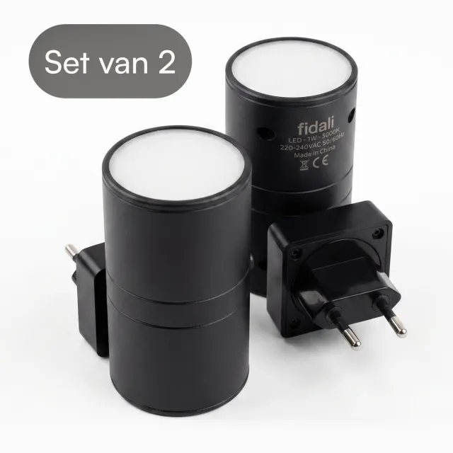 Fidali Stekkerlamp Dimbaar - Nachtlamp met Dag- en Nachtsensor voor Stopcontact - Zwart - Set van 2