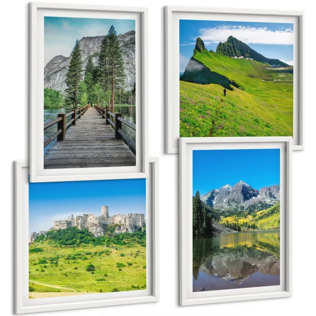 TULUP 4-Delige Schilderij Set - Groene heuvels met een kasteel en berglandschappen - 40x40 en 40x60 - Wanddecoratie - Muurdecoratie - Woonkamer Witte lijst