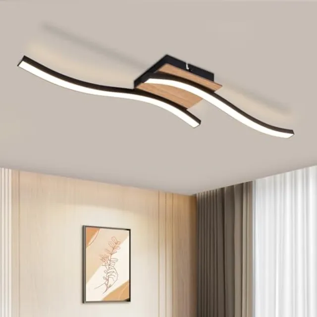 Glitzerlife Plafondlamp - Modern Design Met Golvende Lijnen - LED Plafondlamp - Warm Wit Licht - Energiezuinig En Flikkervrij - Hout En Metaal - Ø 50.5cm - Zwart En Hout