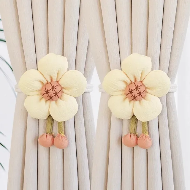 FLITI Gordijnhouder - Gordijn Embrasse Modern - Gordijnbinder Touw - Vijfsterrenbloem Gordijnbinders - Verstelbaar Lint - Bloem Ook Als Broche - 45cm - Geen Boren - Voor Woonkamer/Slaapkamer - Geelbeige - 45cm Per Stuk - 2 Stuks