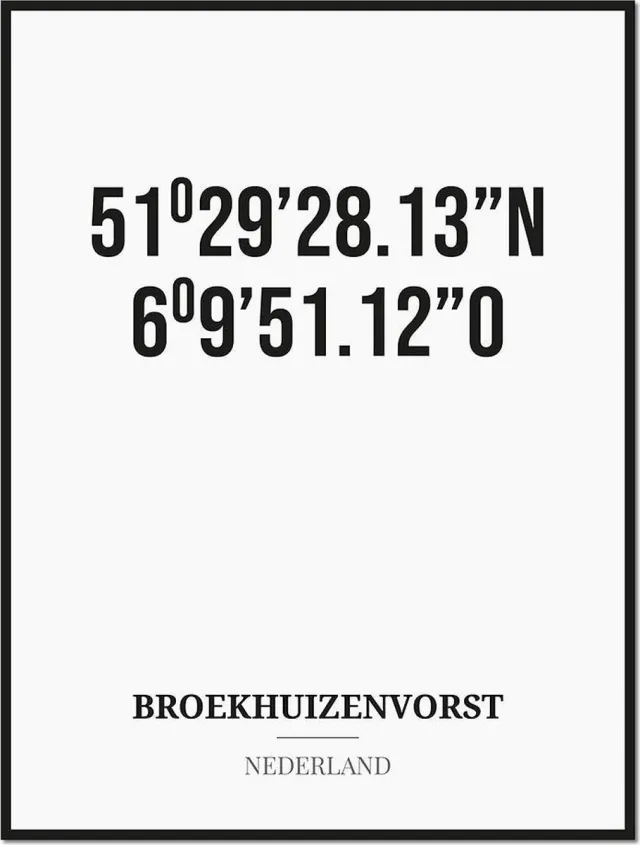 Studio216 Poster/kaart BROEKHUIZENVORST met coördinaten zwart, wit