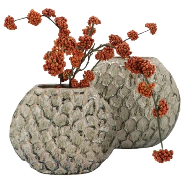 DK design Bloemenvaas Inga Jada - 2x - plat model - groen - 24 x 10 cm - moderne vaas - schub motief