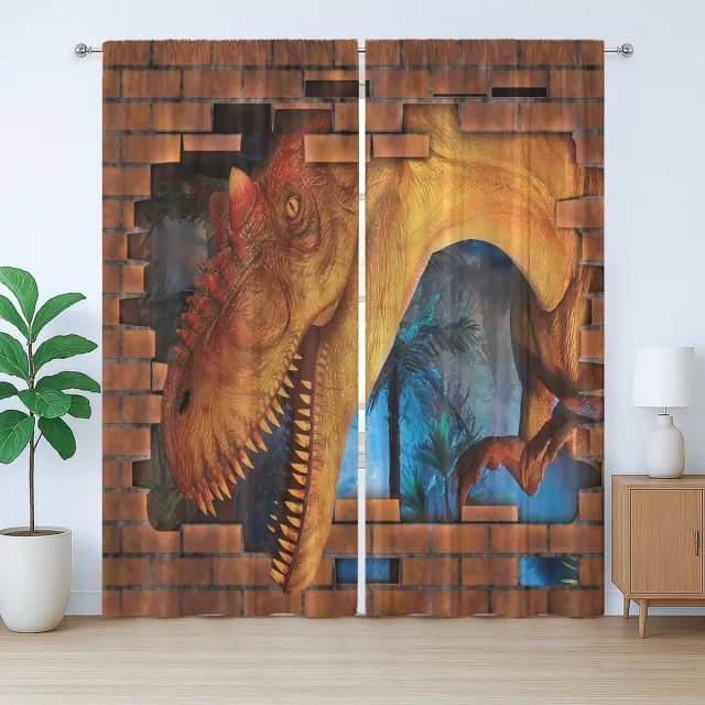 ABAKUHAUS Rustiek dinosaurusgordijn, Dino breekt bakstenen muur, geplooid slaapkamergordijn met lussen en haken, 280 x 225 cm, Oranjeblauw