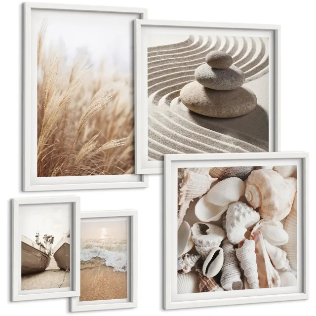 TULUP 4-Delige Schilderij Set - Inspiratie van de zee met schelpen en strandzand - 50 x 50 cm, 20 x 30 cm en 40 x 60 cm - Muurdecoratie - Interieur Decoratie Witte lijst