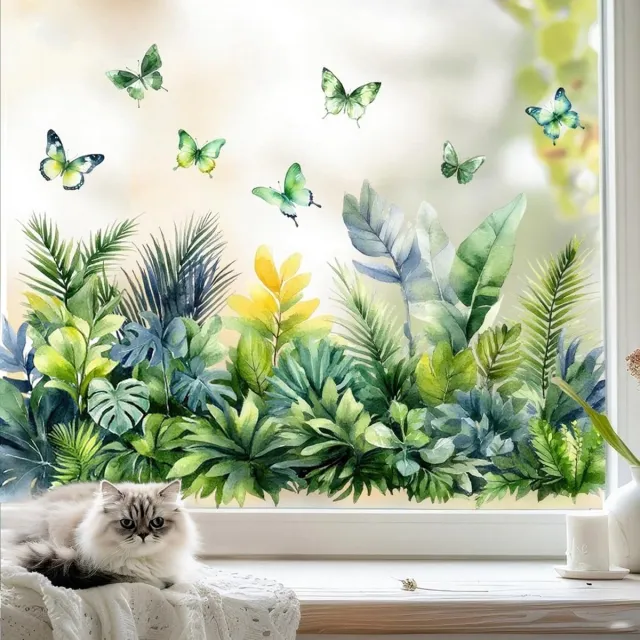 Cyslmuk Statische raamfolie, zomerraamfolie, muursticker met matglaseffect, slagvast realistisch bloemenpatroon, verwijderbaar bladpatroon zonder resten, dubbelzijdig vlinderpatroon, voor huis- en kantoordecoratie (2 stuks)|Cyslmuk®