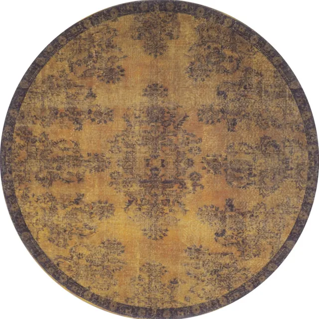 Veer Carpets Vloerkleed Yves Rond Oker ø160 cm - Laagpolig Synthetisch Vloerkleed – Vintage / Klassiek Medaillon