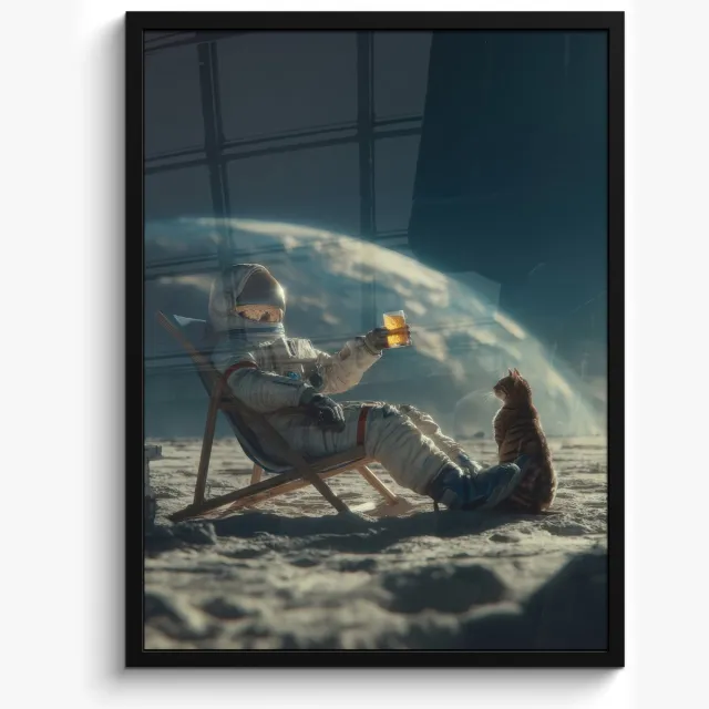 FrameYourWall Poster in lijst - Fotolijst 50x70 cm - Posters - Astronaut - Kat - Glas - Stoel - Posterlijst zwart - Decoratie - Wanddecoratie woonkamer - Muurdecoratie slaapkamer