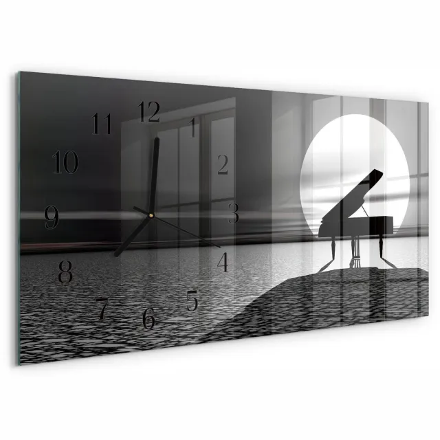 TULUP Wandklok - Piano Moderne Glazen Wandklok - 60x30 cm - Zwart-wit Wandklok Glas Met Motief - Zwarte Handen - Rechthoekige Wandklok - Wandklok Glas Met Motief - Decoratieve Glazen Klok Zwart-wit - Piano