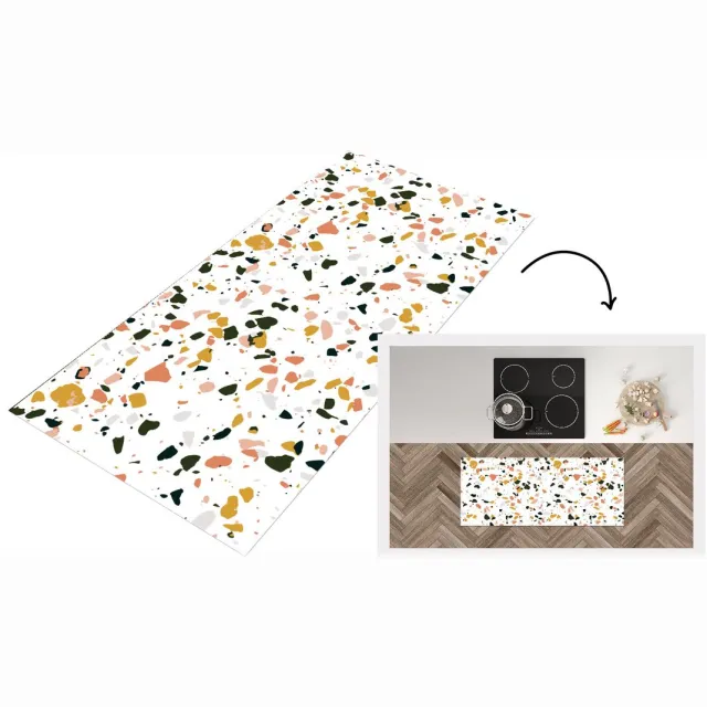 KitchenYeah Keukenloper - Loper keuken - Grijs - Oranje - Terrazzo - Patronen - Keukenloper vinyl Multicolor