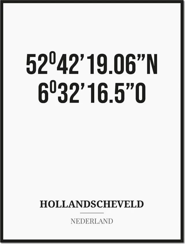 Studio216 Poster/kaart HOLLANDSCHEVELD met coördinaten zwart, wit