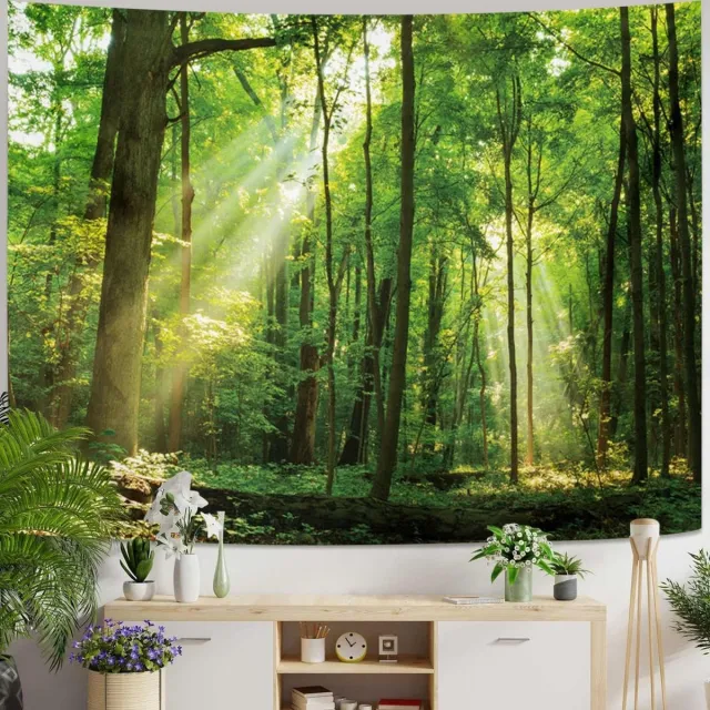 Unyqoos Natuurinspiratie Wandtapijt met Boslandschap en Zonsopgang 200 x 200 cm groen