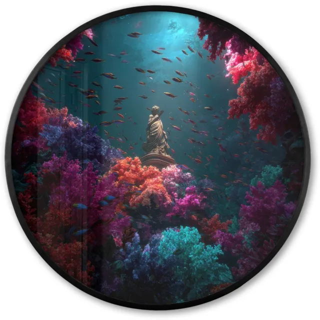 FrameYourWall Poster in lijst Rond - Fotolijst 80x80 cm - Posters - Standbeeld - Zeebodem - Koraal - Kleurrijk - Ronde posterlijst zwart - Decoratie - Wanddecoratie woonkamer - Muurdecoratie slaapkamer