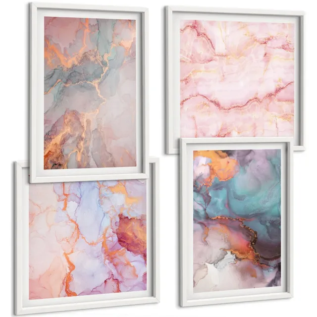 TULUP 4-Delige Schilderij Set - Abstracte patronen in pastelkleuren met accenten - 40x40 en 40x60 - Muurdecoratie - Decoratieve Schilderijen - Wohnzimmer - Woonkamer Decoratie Witte lijst
