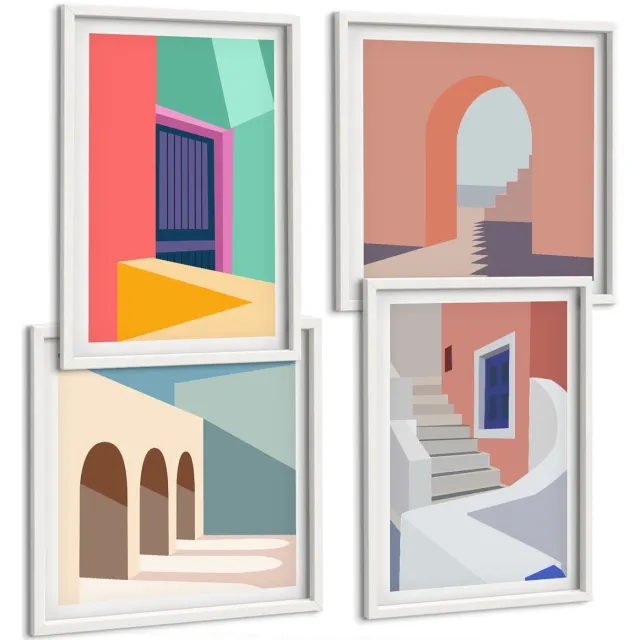TULUP 4-Delige Schilderij Set - Kleurrijke illustraties van gebouwen in een moderne stijl. - 40x40 en 40x60 - Stijlvolle Wanddecoratie - Interieur Witte lijst