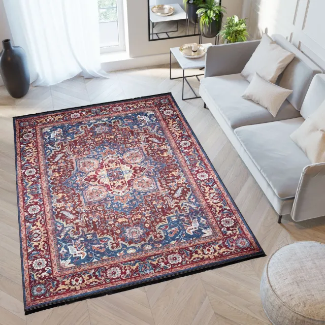 Tapiso Victoria Vloerkleed Laagpolig Antislip Rug Vintage Tapijt Blauw Rood