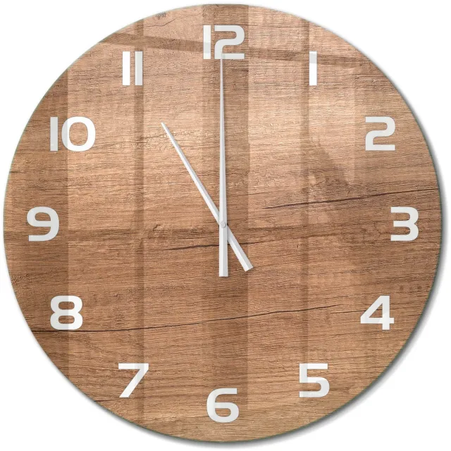 TULUP Wandklok - Houten achtergrond Glazen Klok Met Print - fi60 cm - Bruin Wandklok Glas Met Motief - Witte handen - Ronde Klok - Wandklok Glas Decoratie - Gekleurde Glazen Klok