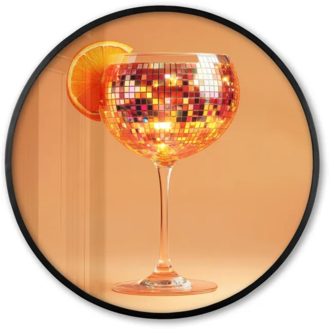 FrameYourWall Poster in lijst Rond - Fotolijst 60x60 cm - Posters - Drank - Oranje - Glitter - Disco - Ronde posterlijst zwart - Decoratie - Wanddecoratie woonkamer - Muurdecoratie slaapkamer Disco - Cocktail