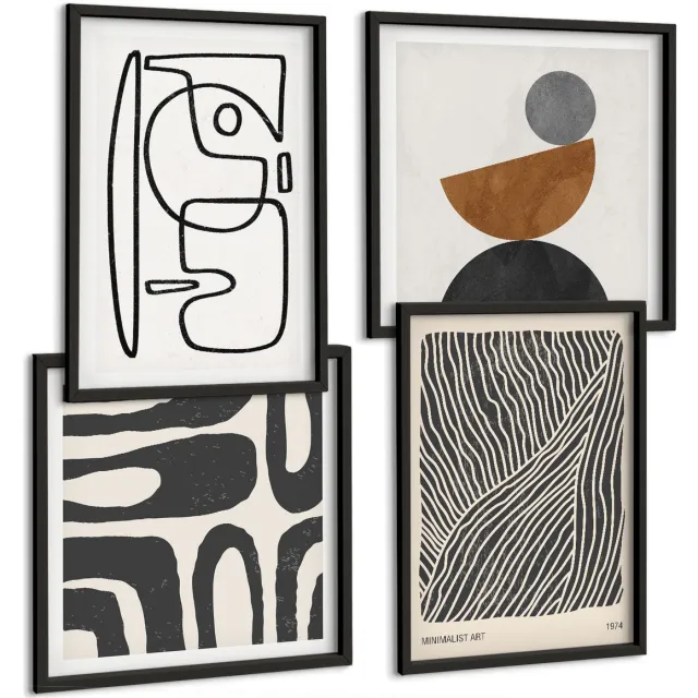 Coloray 4-Delige Schilderij Set - Abstracte Patronen Met Lijnen En Texturen Op Een Lichte Achtergrond. - 40 x 40 cm En 40 x 60 cm - Moderne Wanddecoratie - Slaapkamer - Stijlvolle Muurdecoratie Zwarte lijst