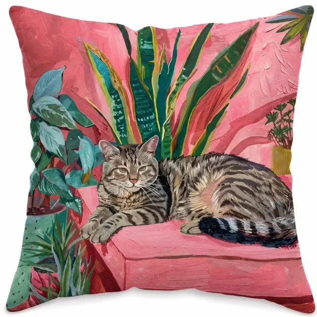 SWGOTA Pluche sierkussenhoes met kat en planten 45 x 45 cm voor de bank, zonder binnenkussen Multicolor