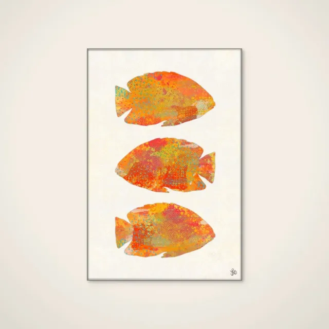 HelloWalls Akoestisch schilderij - 80 x 120 cm - Vibrant Tropical Fish van Laura H Gibson - Dieren wanddecoratie - zilver textielframe Meerkleurig