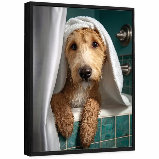 WALLARENA Schilderij op canvas in zwarte lijst - 100x70 cm - grappige hond in bad - wanddecoratie badkamer Veelkleurig