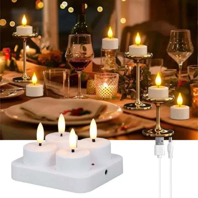 Zyronn 4 oplaadbare theelichtjes met laadstation - elektrische oplaadbare kaarsen USB - led-theelichtjes - oplaadbaar - outdoor - voor buiten - tuin - tafel - kamer - Halloween Kerstmis(Geen afstandsbediening)
