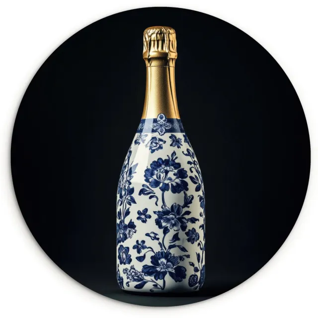 WallCircle Wandcirkel 30x30 cm - Muurcirkel Champagne - Bloemen - Goud - Chique - Muurdecoratie woonkamer - Wanddecoratie slaapkamer - Kamer decoratie accessoires - Ronde schilderijen Champagne - Delftsblauw