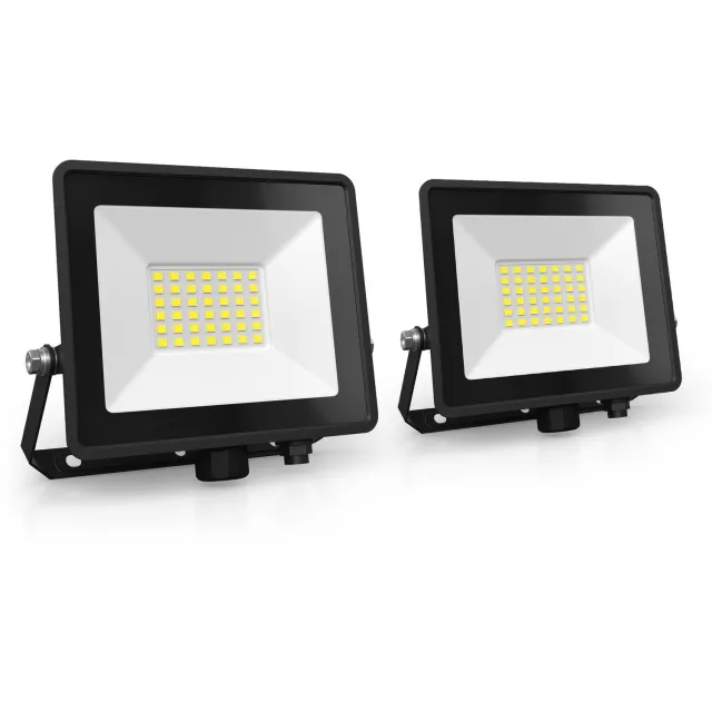 LEDVION 2x ECO LED-schijnwerper buiten, IP65, 30W, 110lm/W, koel wit, 6500K, superhelder, breedstraler, buitenlamp Zwart