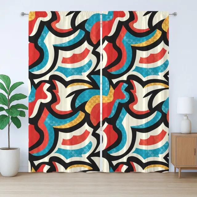 ABAKUHAUS Psychedelisch Rustiek Gordijn, Retro Modern Urban, met Bandjes, Lussen en Haken voor de Woonkamer, 280 x 260 cm, Zwart Rood Blauw
