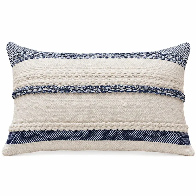 SWGOTA Sierkussenhoes 30 x 50 cm van polyester en katoen met horizontale gevlochten strepen, beige en donkerblauw, zonder binnenkussen