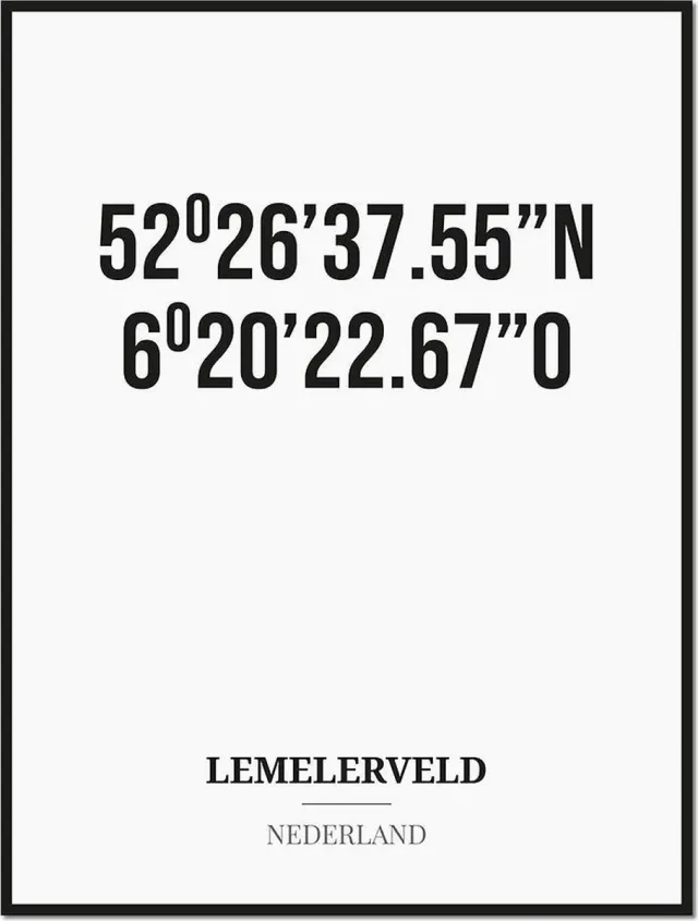 Studio216 Poster/kaart LEMELERVELD met coördinaten zwart, wit
