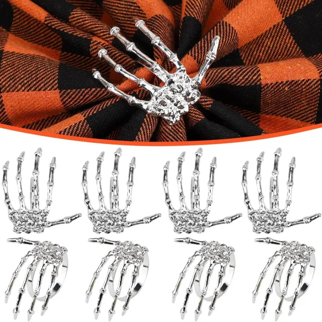 HisKes 8 Pcs zilverkleurige servetringen van metaallegering in skeletklauwvorm - Halloween tafelaccessoire voor diners - verjaardagen en thema‑evenementen