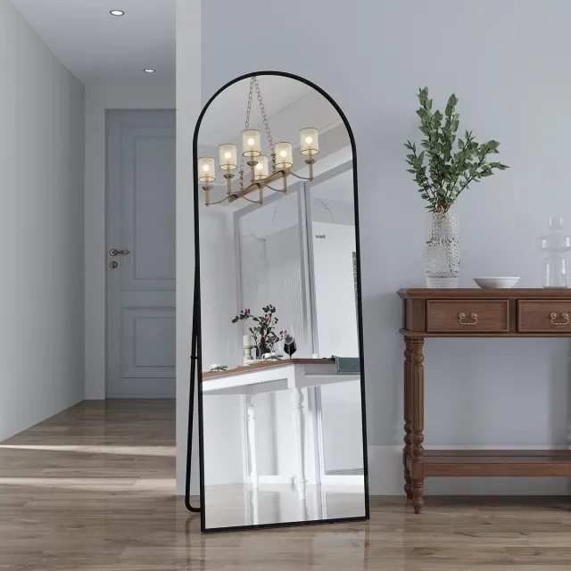 Famanu Body spiegel met boog, wandspiegel van 162 x 53 cm met aluminium frame, grote full-body spiegel voor slaapkamer Zwart